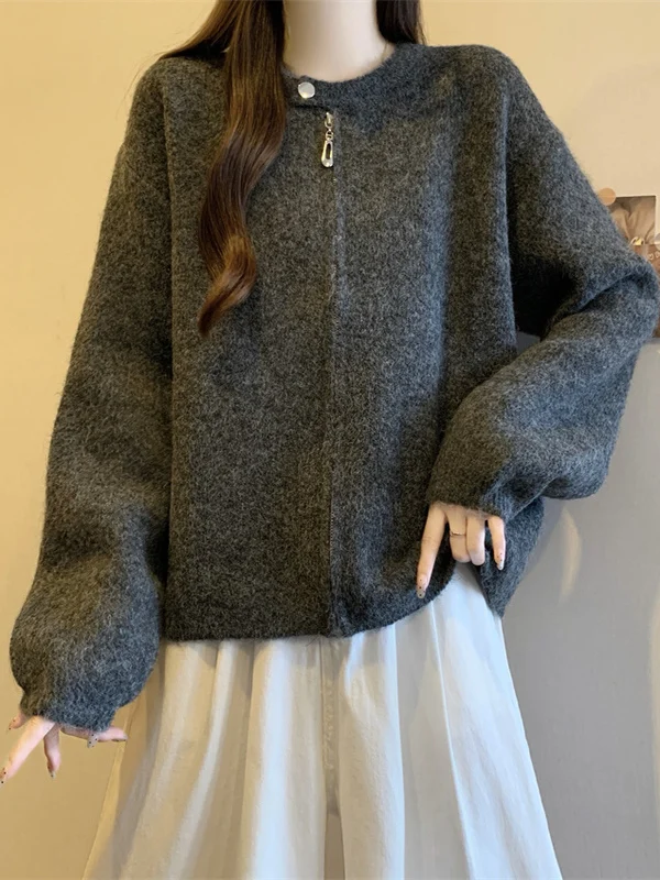 

plus Size Lazy Style Knitted Sweater Coat Women's Autumn Winter Loose Slimming Casual Zipper Knitted Top for plus Size Women