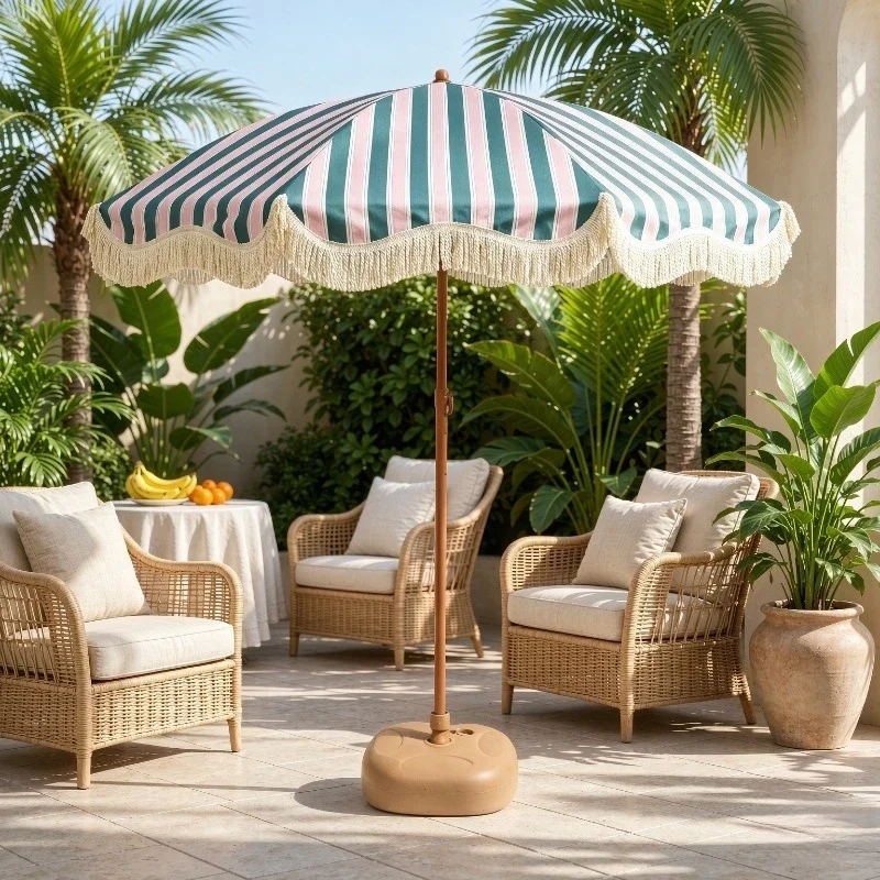 Vintage Boho Sun Umbrella for Women Classic Straight Parasol with Tassels Manual Open Portable Beach Shade Outdoor Photo Prop
