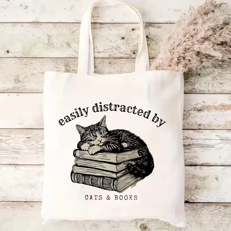 

Женская повседневная большая сумка, легко отвлекаемая с помощью кошек и книг, дизайн для любителей книг и кошек, модные повседневные покупки с открытым верхом