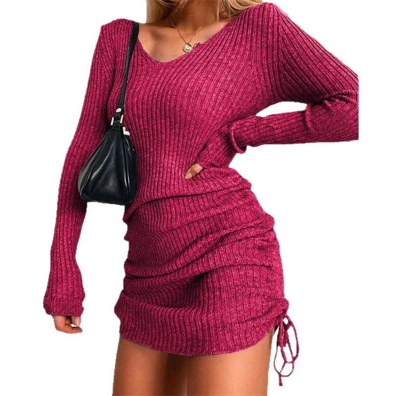 فستان مثير مضلع Bodycon طول الركبة فستان طويل الأكمام البلوز فستان Ruched الرباط تريكو الملابس للنساء #5