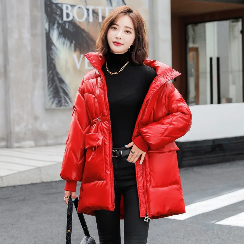 2023 Korean Version Mid-Length Glossy No-Wash Down Jacket Women's Loose Cotton Coat Fashionable Winter Warm Waist-Cinching