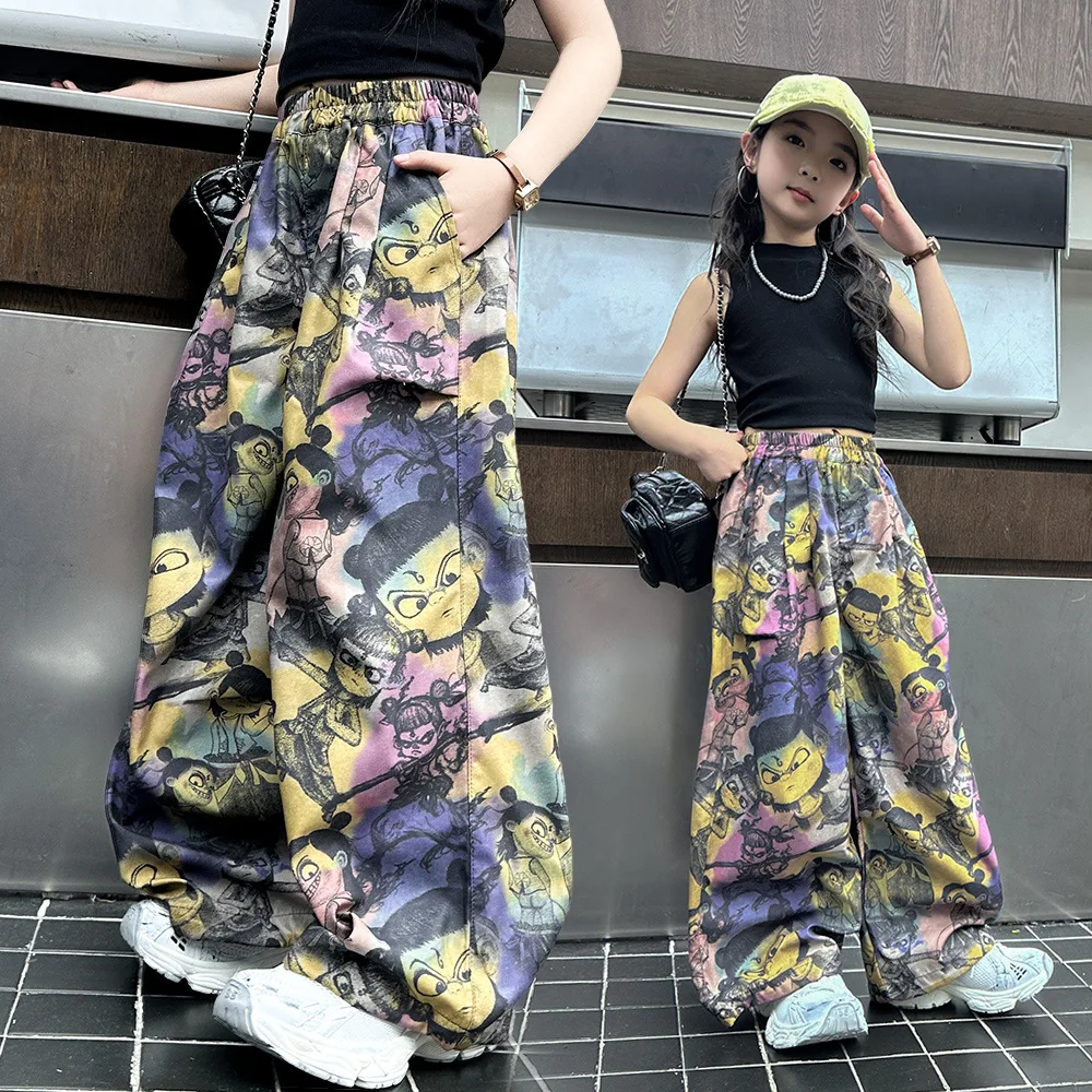 

Trendy Summer New Girls Pants Casual Loose Thin Streetwear Style Elementary School Girls Fashionable Nezha Wide Leg Trousers