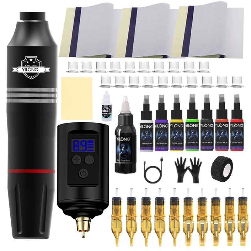 YILONG Wireless Rotary Tattoo Machine Set With 10PCS Tattoo Cartridge Needles Ink Permanent Makeup Tools Tattoo Machine Full Kit