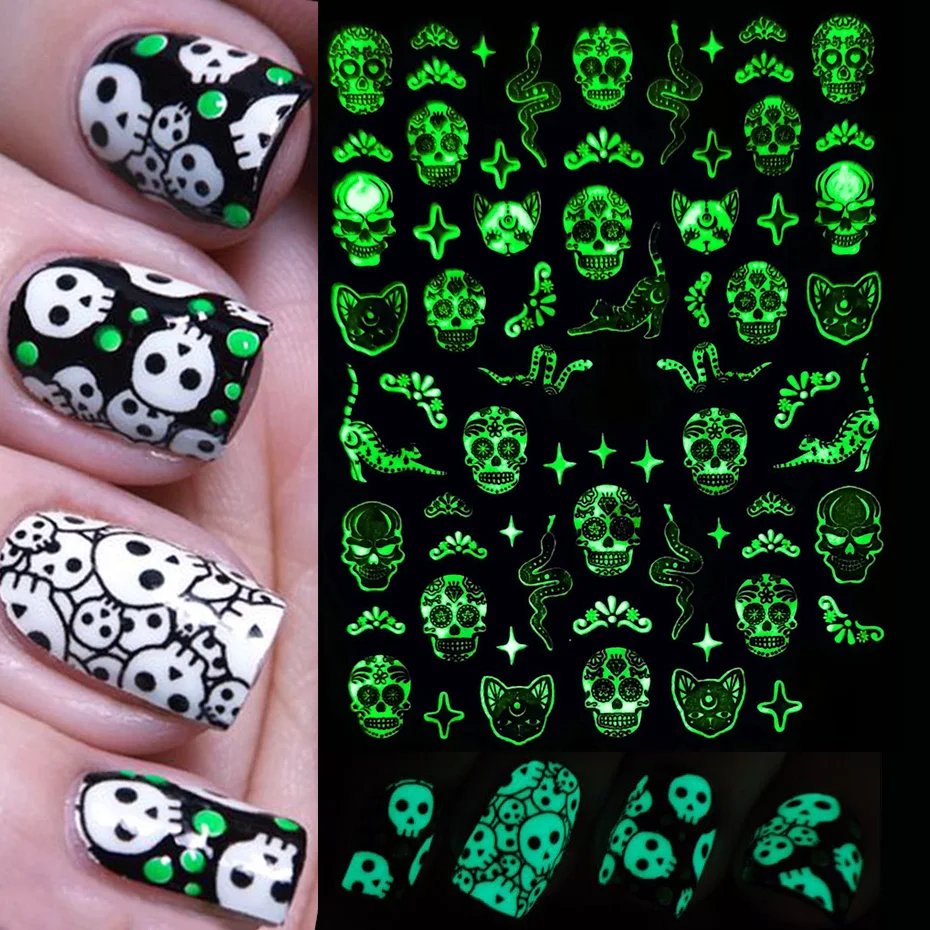 

Fluorescence Halloween Nail Sticker Spider Web Skull Snake Glowing in the Dark Christmas Luminous 3D Adhesive Slider SACY046-054