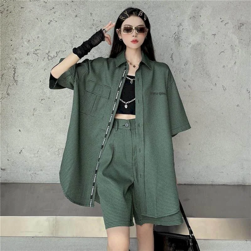 Shorts Sets Green Plaid Design Half Sleeve Polo-neck Shirts and Wide Leg Pants Loose Fit Two Piece Sets Casual Women Clothing