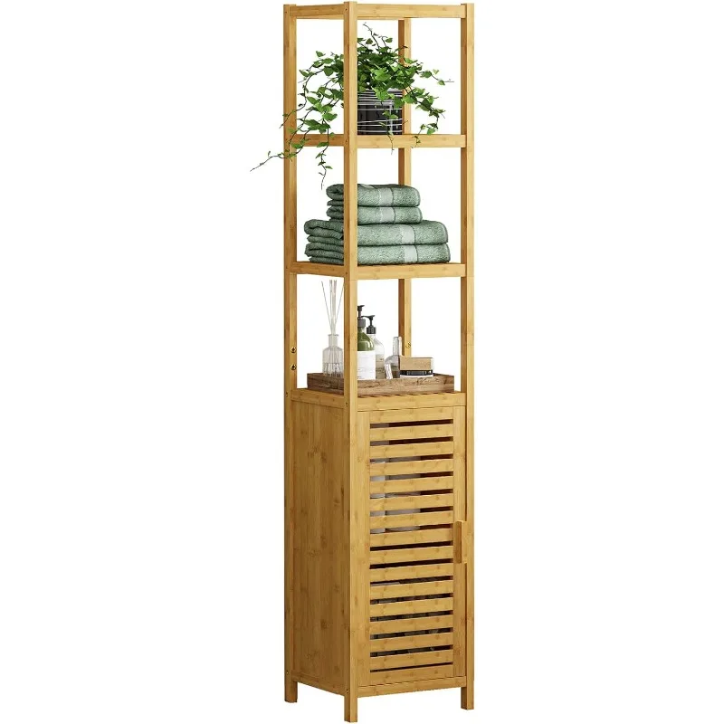 Storage Tall Slim Cabinet with Shutter Door and 3 Tier Shelves, Freestanding Linen Tower Cabinet for Living