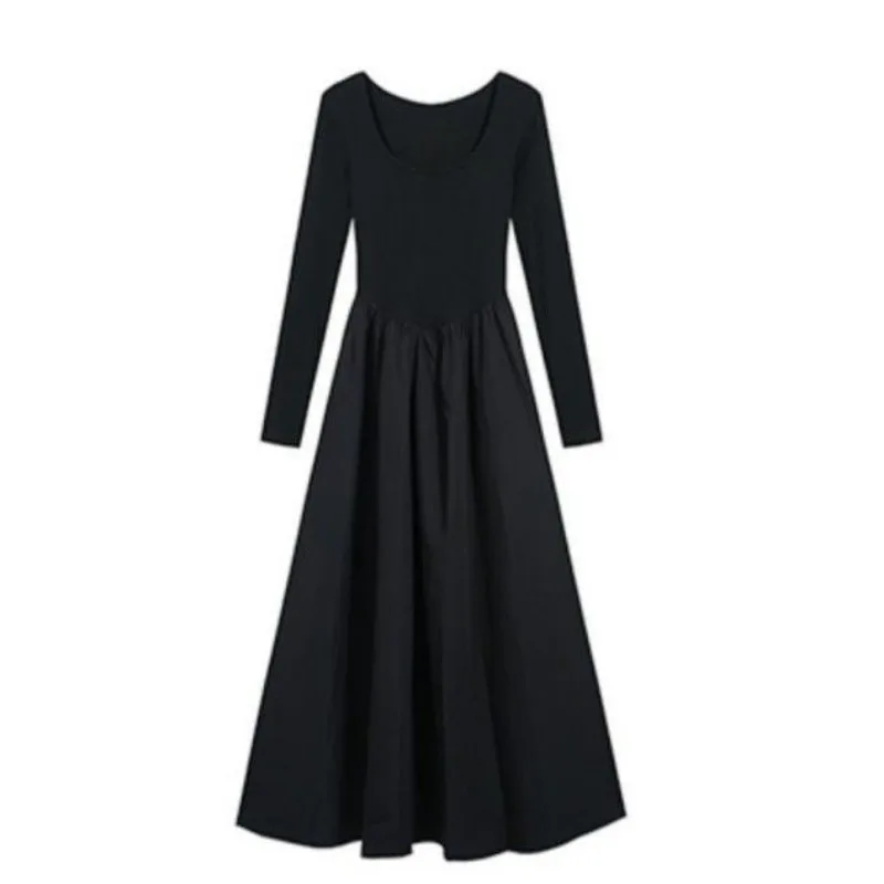 HOUZHOU Vintage Square Collar Black Dresses for Women Elegant Long One-piece Dress Gown Long Sleeve Casual Bodycon Midi Dress