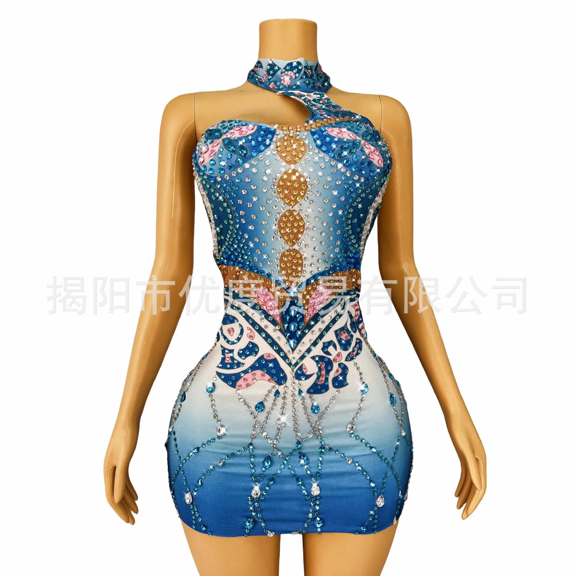 

Blue Neck Big Halter Shiny Rhinestone Skirt Cocktail Birthday Party Dress Performance Early Summer Lakeside Dresses Woman Party