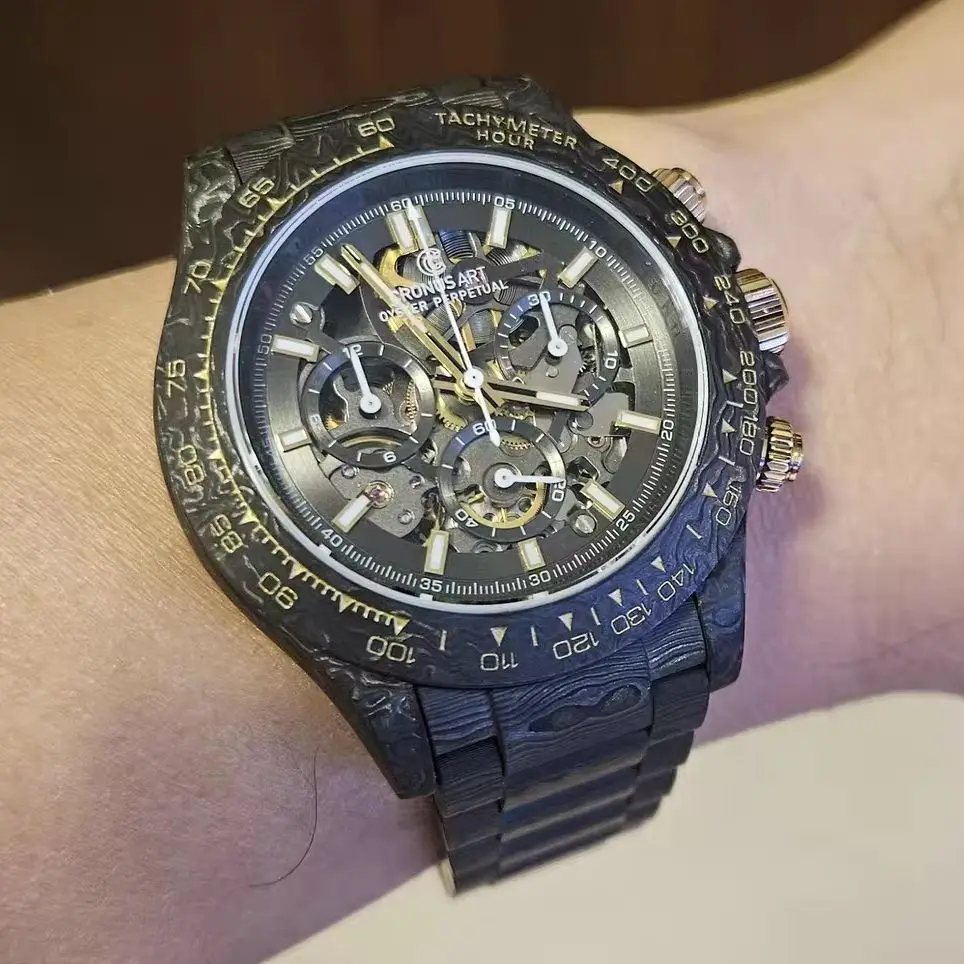 CRONUSART Men Chronograph Watch 42mm Automatic Mechanical Wristwatch Luminous Carbon Fiber Case & Strap Sapphire Mirror Skeleton