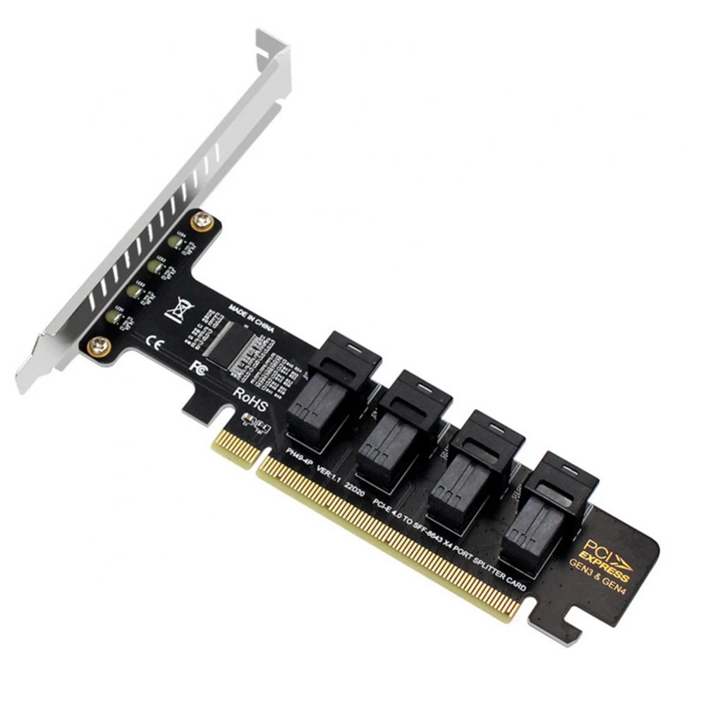 PCI-E X16 to 4-Ports U.2 NVME SFF-8643 Expansion Card High Speed PCIe 4.0 Split Cards LED Indicator for 2U Chassis