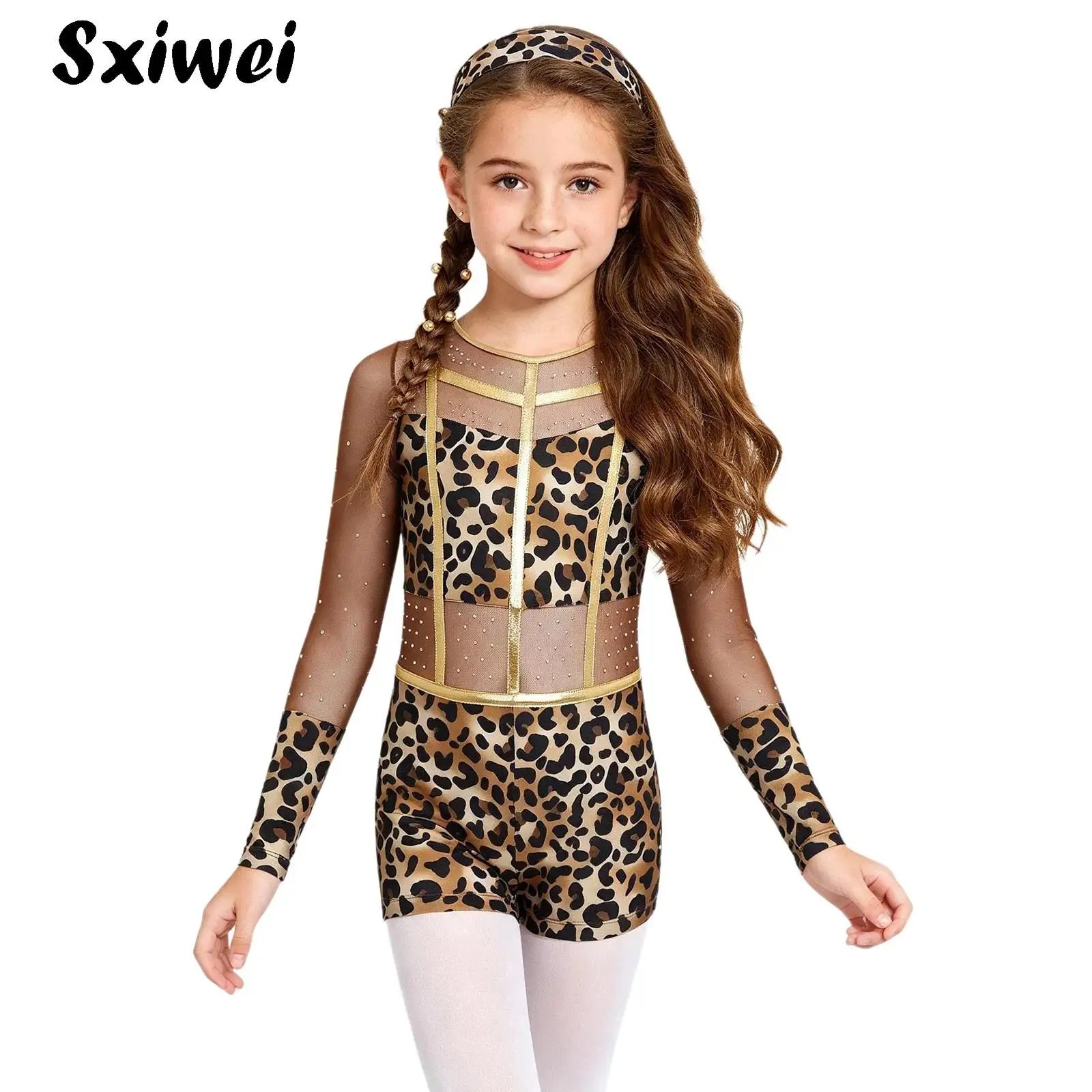 Kids Girls Leopard Print Unitard Jumpsuit Rhinestones Mesh Ballet Leotard with Headband Halloween Prehistoric Cavegirl Costume