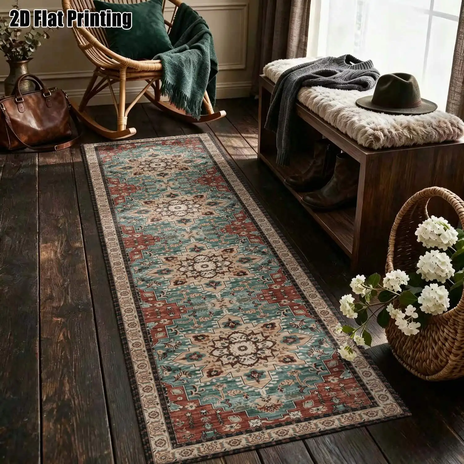 1Pc 2D Printed Long Strip Rug: Blue-Green Geometric/European/Bohemian/Retro Floral Design, Machine Washable, Multi-Size, Ideal for Entryway, Hallway, Living Room, Bedroom Home Decor
