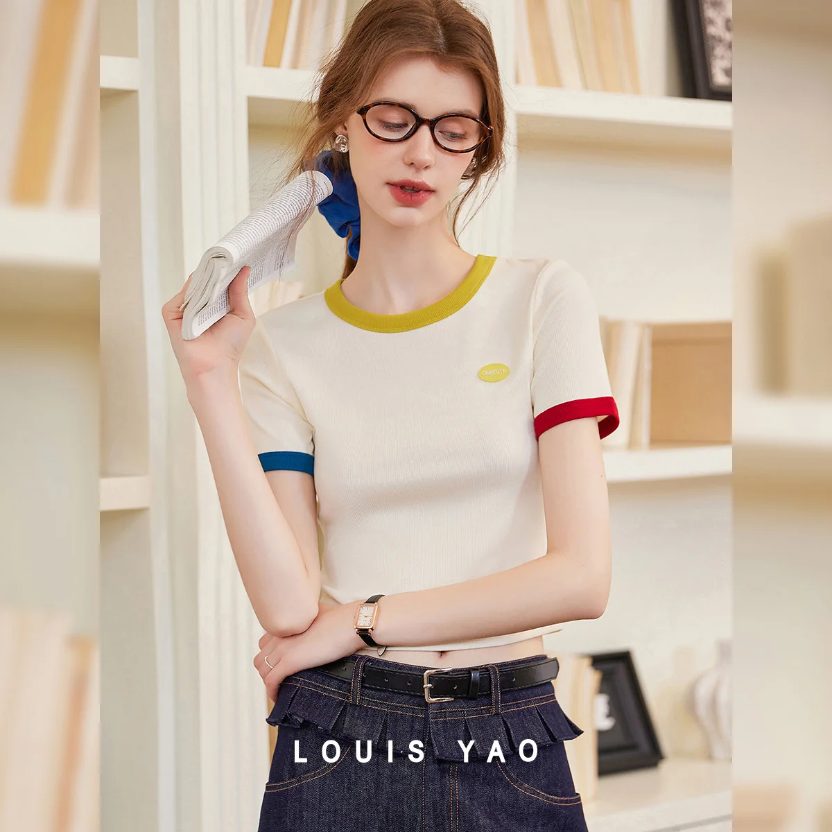 

Contrasting Colours Round Neck Short Sleeve Tee Slim Women's T-shirt Temperament Personality Top Women Summer New 2025