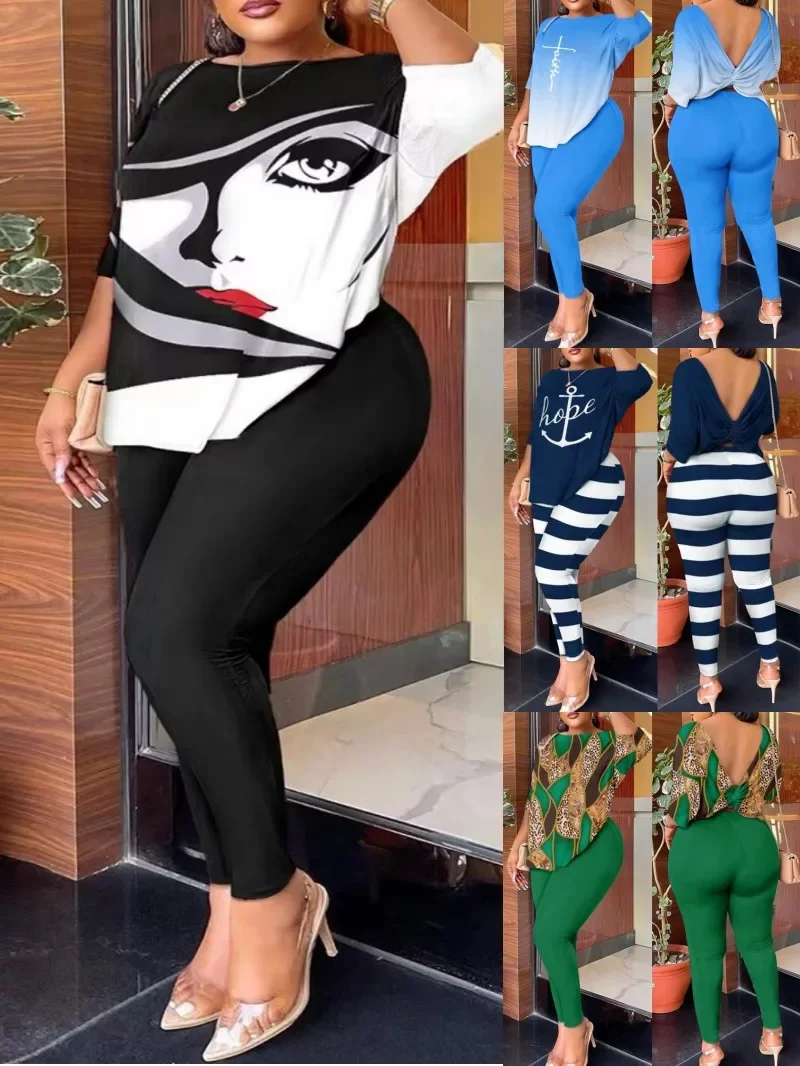 Sportswear Woman Clothes Outfits Printed Backless Short Sleeve Tops Solid Pencil Pants Set Spring Two Piece Sets Womens Outifits