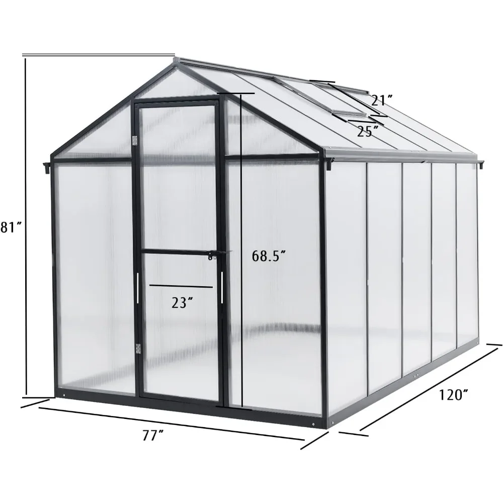 6' x 10' begehbarer Gewächshaus-Aluminiumrahmen aus Polycarbonat, 2 Entlüftungsfenster und abschließbare Tür für den Außenbereich, Terrasse, Hinterhof