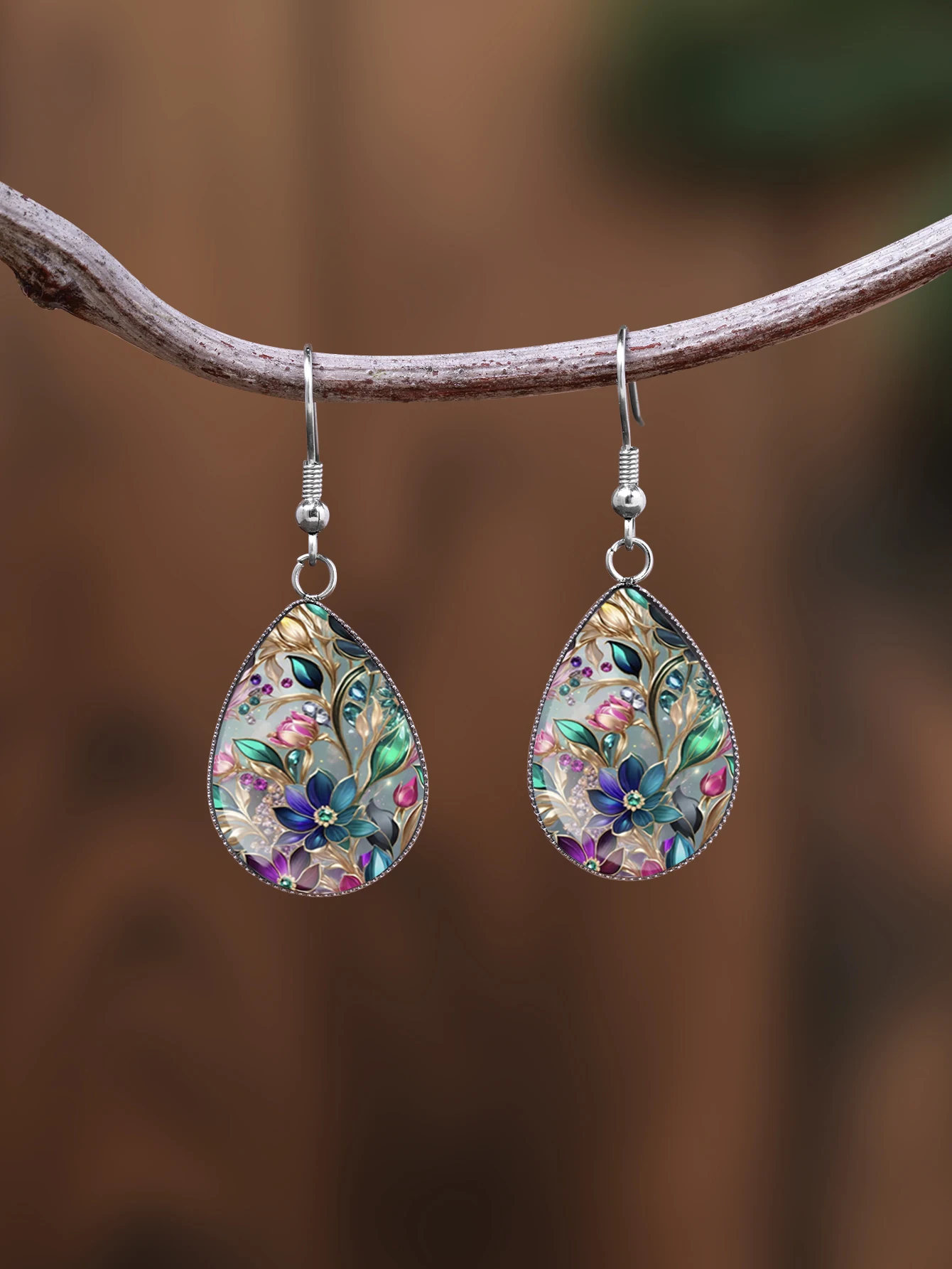 1 Pair of Valentine's Day Flower-Patterned Earrings with Convex Glass and 316 Stainless Steel Teardrop Ear Hooks, in a Retro and Simple Style Suitable for Women for Daily Gift-Giving and Wearing, Jewelry Earrings with an Elegant and Simple Style Suitable for Women for Everyday and Vacation Wear