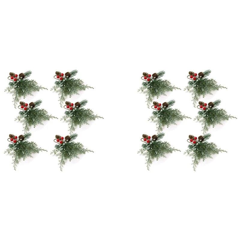 

Christmas Napkin Rings Set Of 12, Napkin Holder Rings With Artificial Pine Cones Branches Red Berry Decor