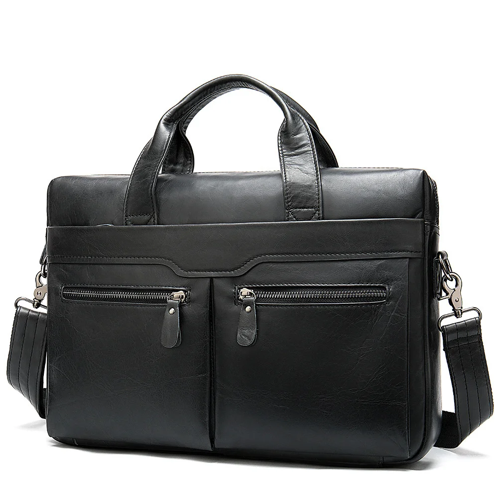 Tas kantor kulit asli untuk pria, tas kurir, dokumen Laptop 14 inci, tas kerja kulit asli untuk pria