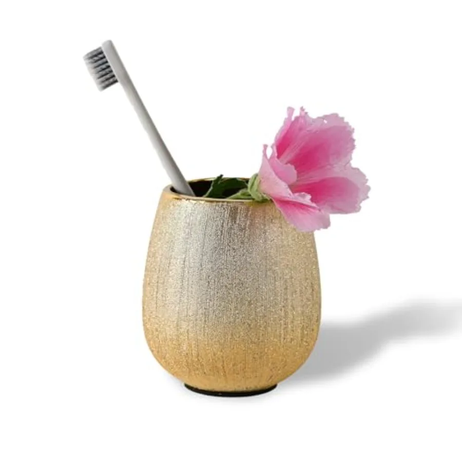 

Brushed Gold Ceramic Toothbrush Holder 3D Textured Golden Tumbler Shiny Festive Bathroom Decor for Countertop Enhaement