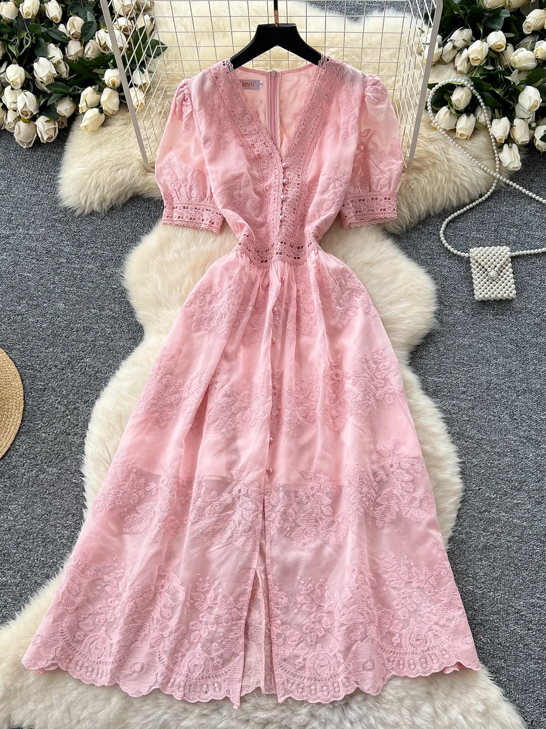 

Retro V-Ne Bubble Sve Embroidered Waist-Cinching Dr Korean Sle High Waist Summer Long Skirt for Women ort Sve