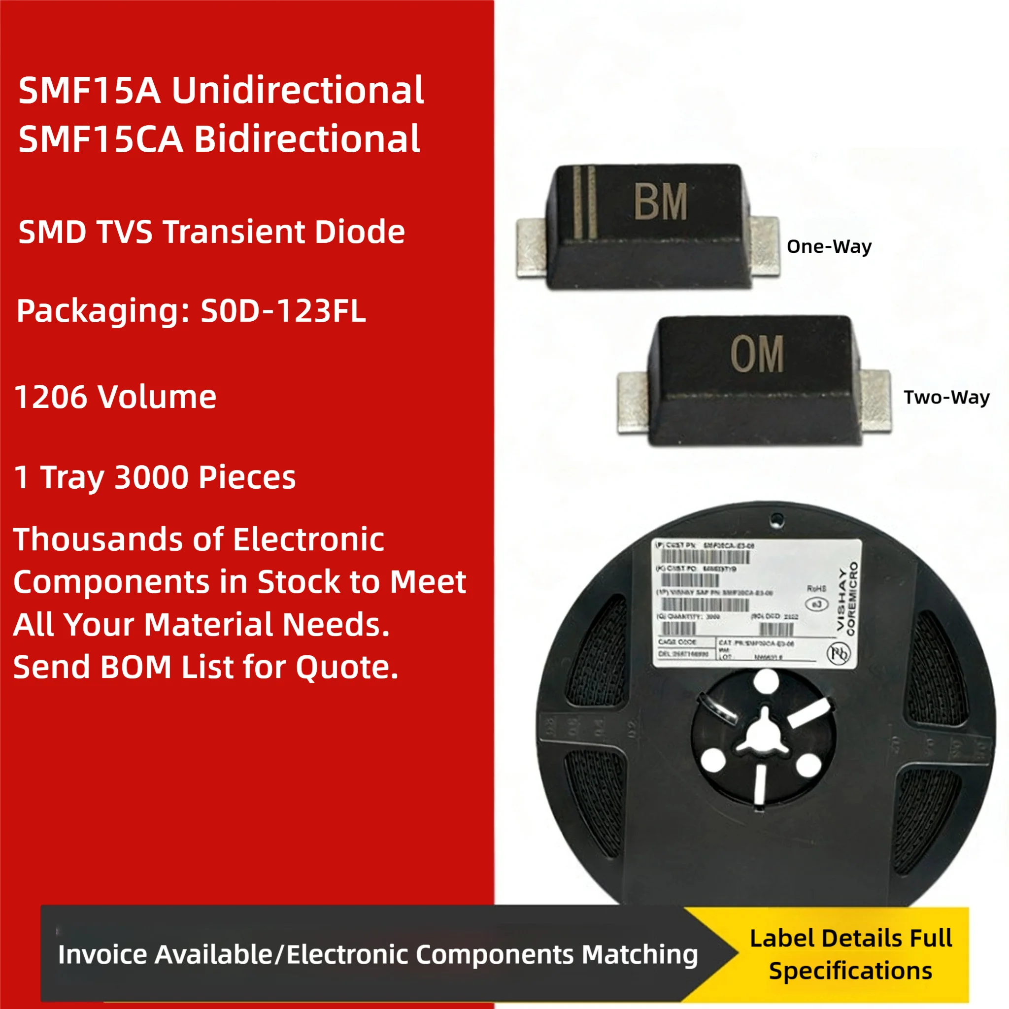 Surface Mount TVS Transient Diode SMF15A CA 15V SOD-123 1206 Screen Printed BM OM 1206 Volume Unidirectional/Bidirectional