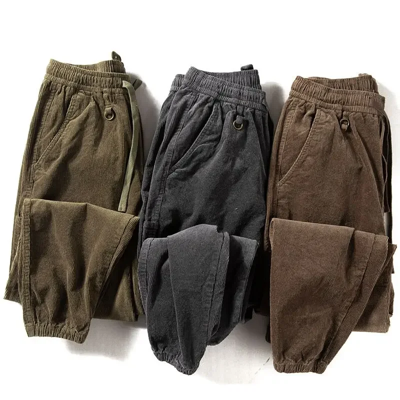 Autumn Corduroy Casual Sports Pants Men's Elastic Waist Drawstrin Loose Bunched Feet Pants Cargo Thick Outdoor Trousers