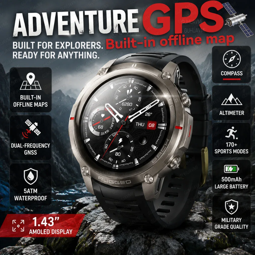 2026 New Rugged GPS Smart Watch 1.43 AMOLED HD Touch Screen 5ATM Waterproof Compass Barometer Altitude Offline Map Fitness Watch