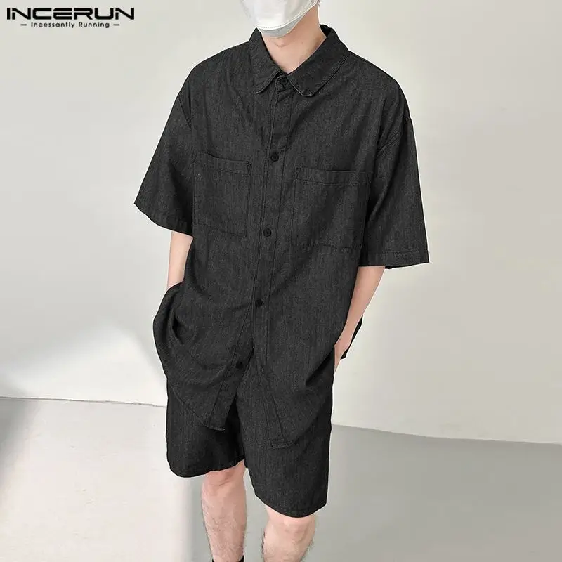 2024 Men Sets Solid Color Loose Summer Lapel Short Sleeve Shirt & Shorts 2PCS Fashion Men Casual Suits INCERUN Streetwear S-5XL