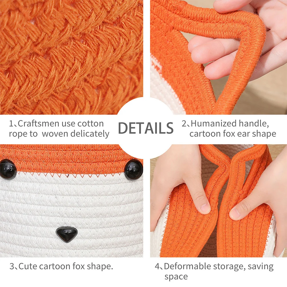 

1pc Fox Shaped Cotton Rope Woven Storage Basket Thickened Handmade Organizer For Home Bedroom Desktop Orange White Practical