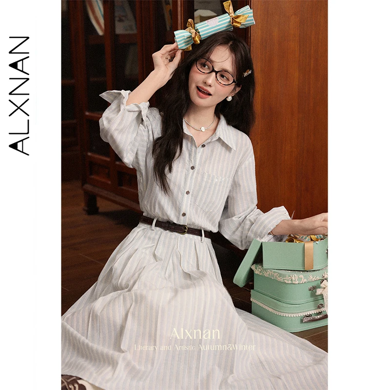 ALXNAN vrouwen Lange Jurk 2023 Herfst Nieuwe Gestreepte Kraag Jurken Lange Mouw A-lijn Elegante Vrouwelijke Kleding L56796