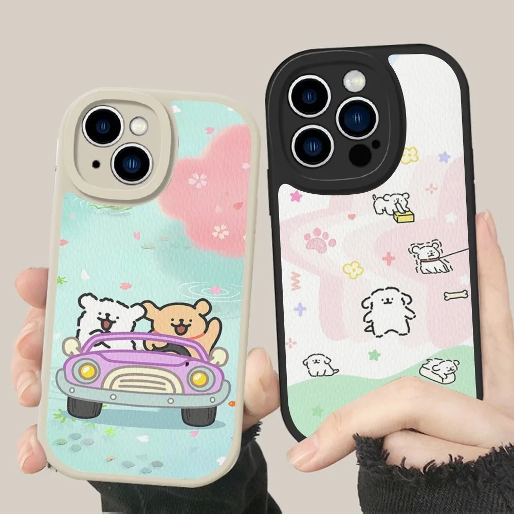 Coque de téléphone en cuir dur Line Cute Puppy, iPhone 16 15 14 13 12 Mini 11 14 Pro Max Xs X Xr 7 8 Plus Fundas