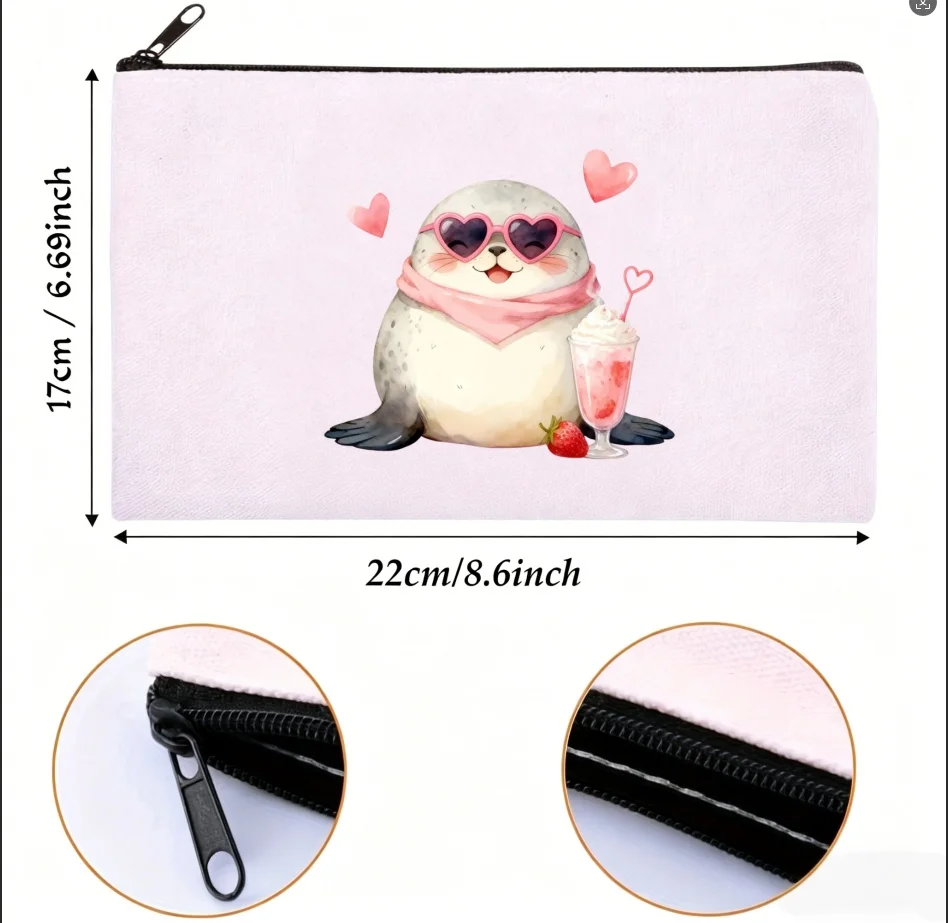 1PC Heart Sunglasses Seal Print Canvas Cosmetic Zipper Storage Pouch
