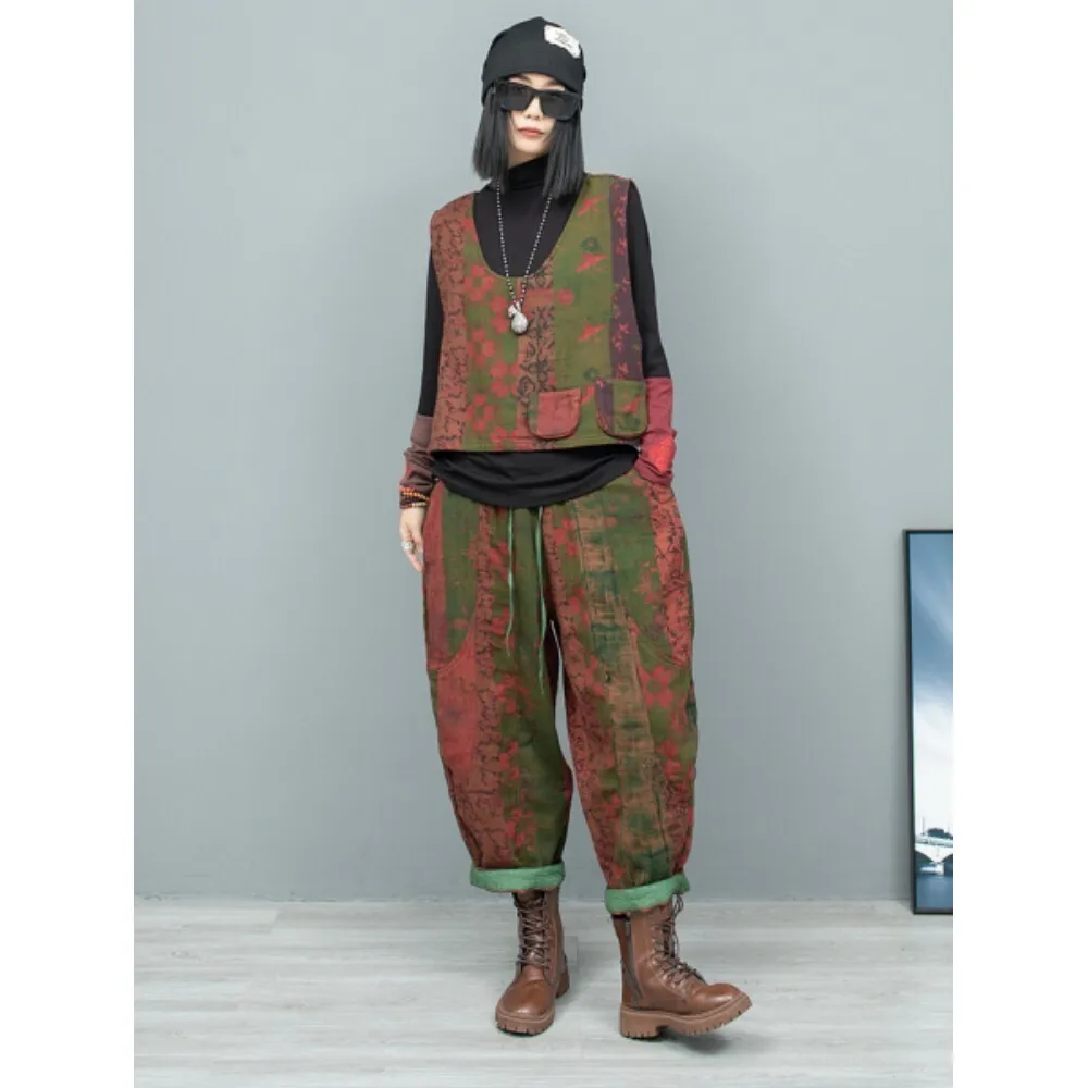 2024 Autumn Printed Vintage Cotton Linen Pant Set Short Vest Coat + Pants Two-piece Set Women ZF213