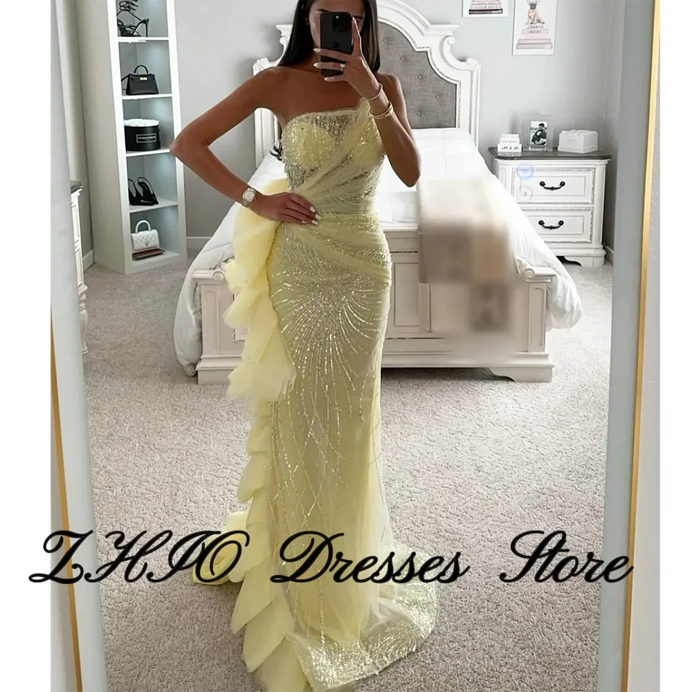 ZHIO Prachtige gele zeemeermin lange galajurken met pailletten strapless unieke mouwloze feestjurken met ruches aan de zijkant