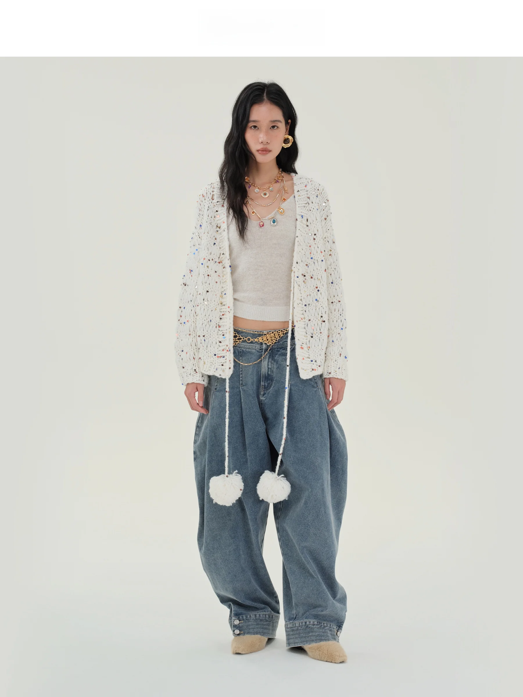 

ROSYROKH Original Design Metal Sequin Knitted Open Cardigan Women's Coat with Ball Ornament Belted Regular Fit Long Sve