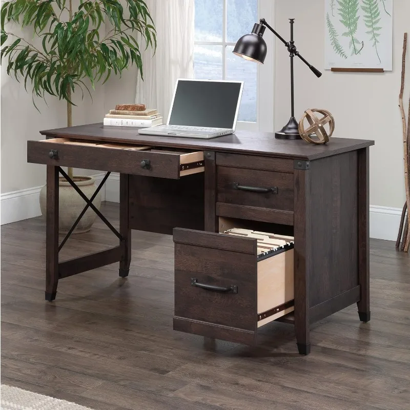 Forge Vintage Rustic Computer Desk for Home Office with Drawers, Three drawers with metal runners and safety stops in Coffee Oak