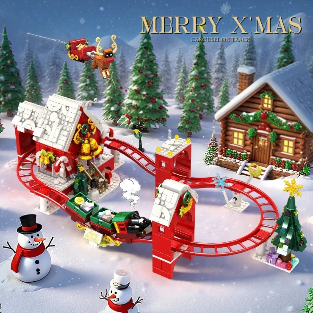 

MOC Christmas Amusement Park Snowman Train Building Blocks Set Roller Coaster Tree Festival Toys For Children Holiday Xmas Gifts