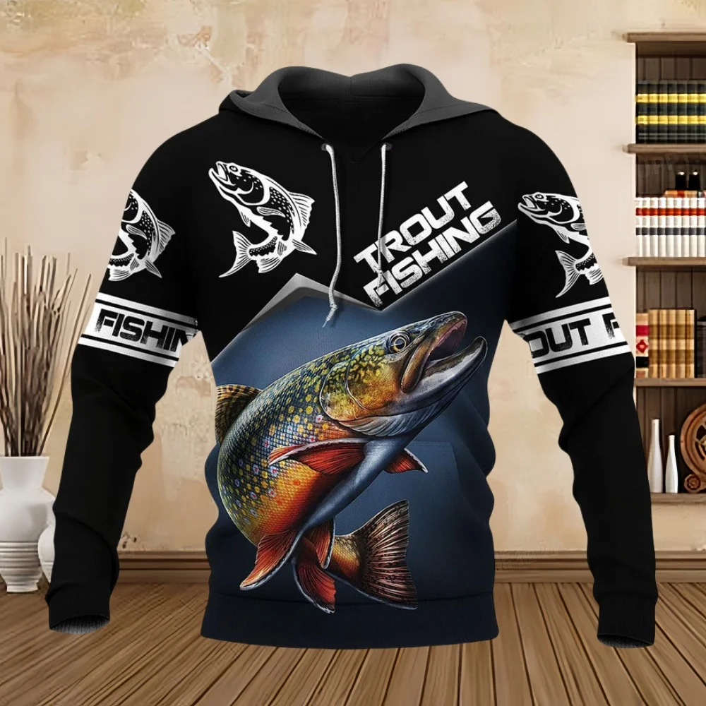 Wild Fishing Print 3D Hoodie for Men Fashion Hunting Fish Enthusiast Pullover Men\'s Clothes Casual Plus Size Sweatshirt Tops