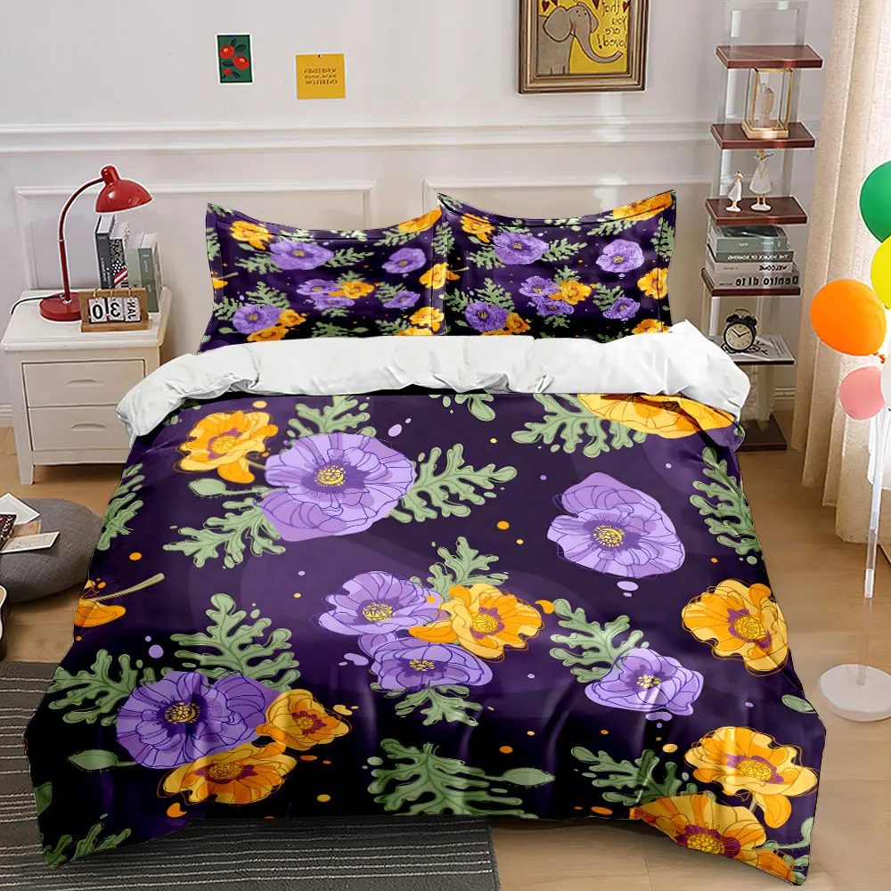 Purple and orange flowers on dark background Print Bedding Set 1 Duvet Cover 2 Pillowcases for Adult and Children Luxury Gift