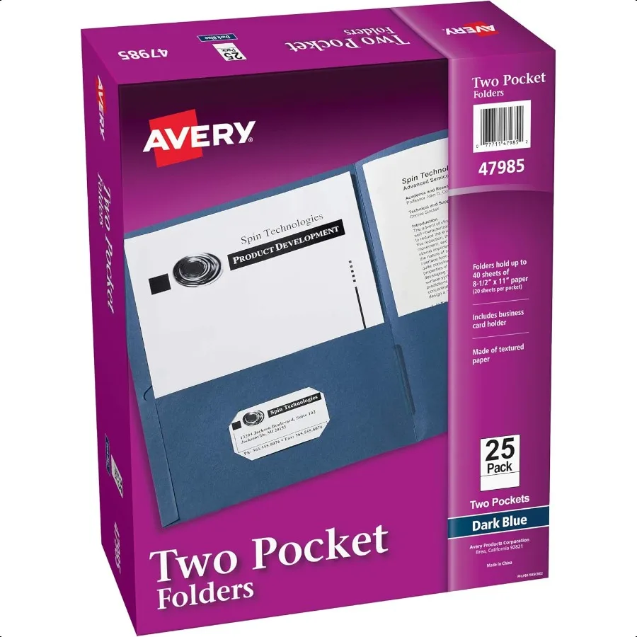 

Two Pocket Folders Holds up to 40 Sheets Busin Card Slot Ideal for Portfolios Presentations and School Dark Blue Box of 25 4798