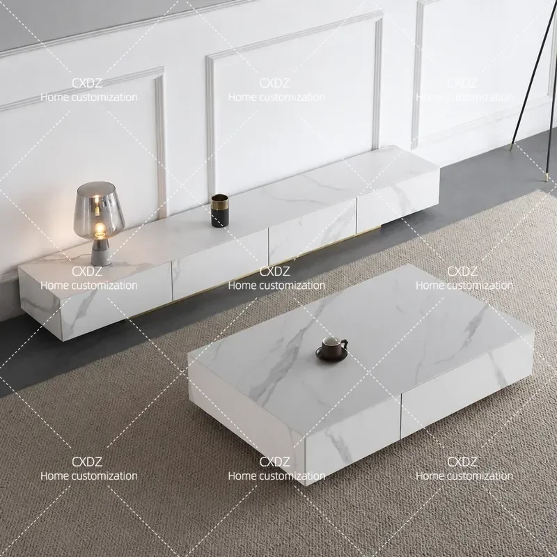 Modern Simple Gold Foot Rock Slab TV Cabinet and Coffee Table Set for Living Room Small Apartment Household Floor Storage