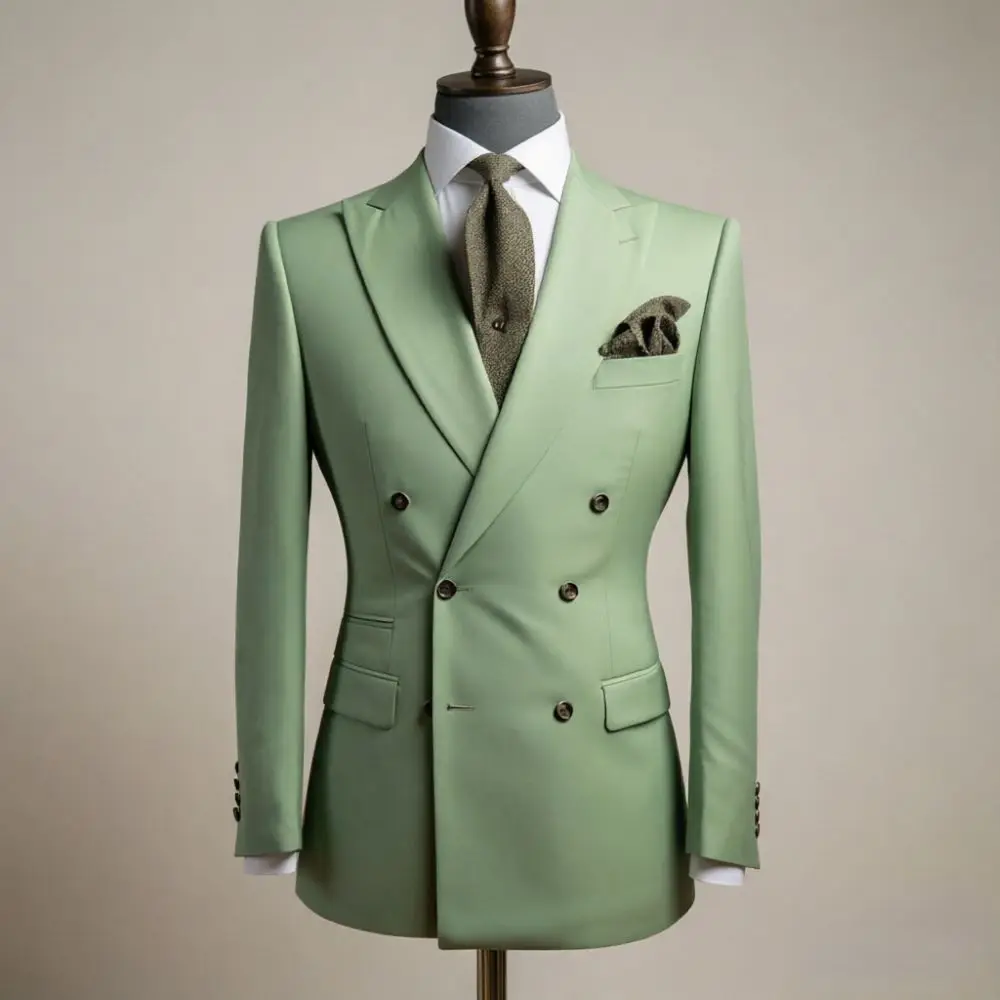 Mens Sage Green Double Breasted 2 Piece Slim Fit Wedding Suit Flap Pockets Decorative Cuff Buttons Blazer Pants Groom Prom