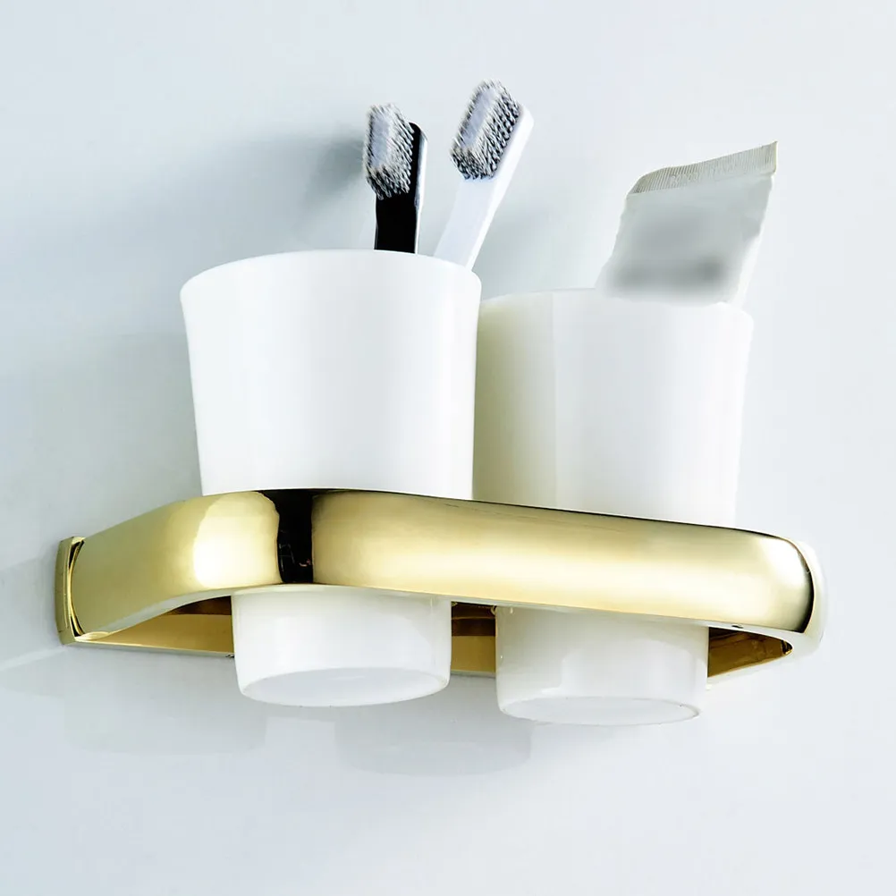 Simple Toothbrush Cup Holder Double Mouth Cup Brass Golden Plating Wall Mounted 19.5x10cm Bathroom Storage Rack Fashion