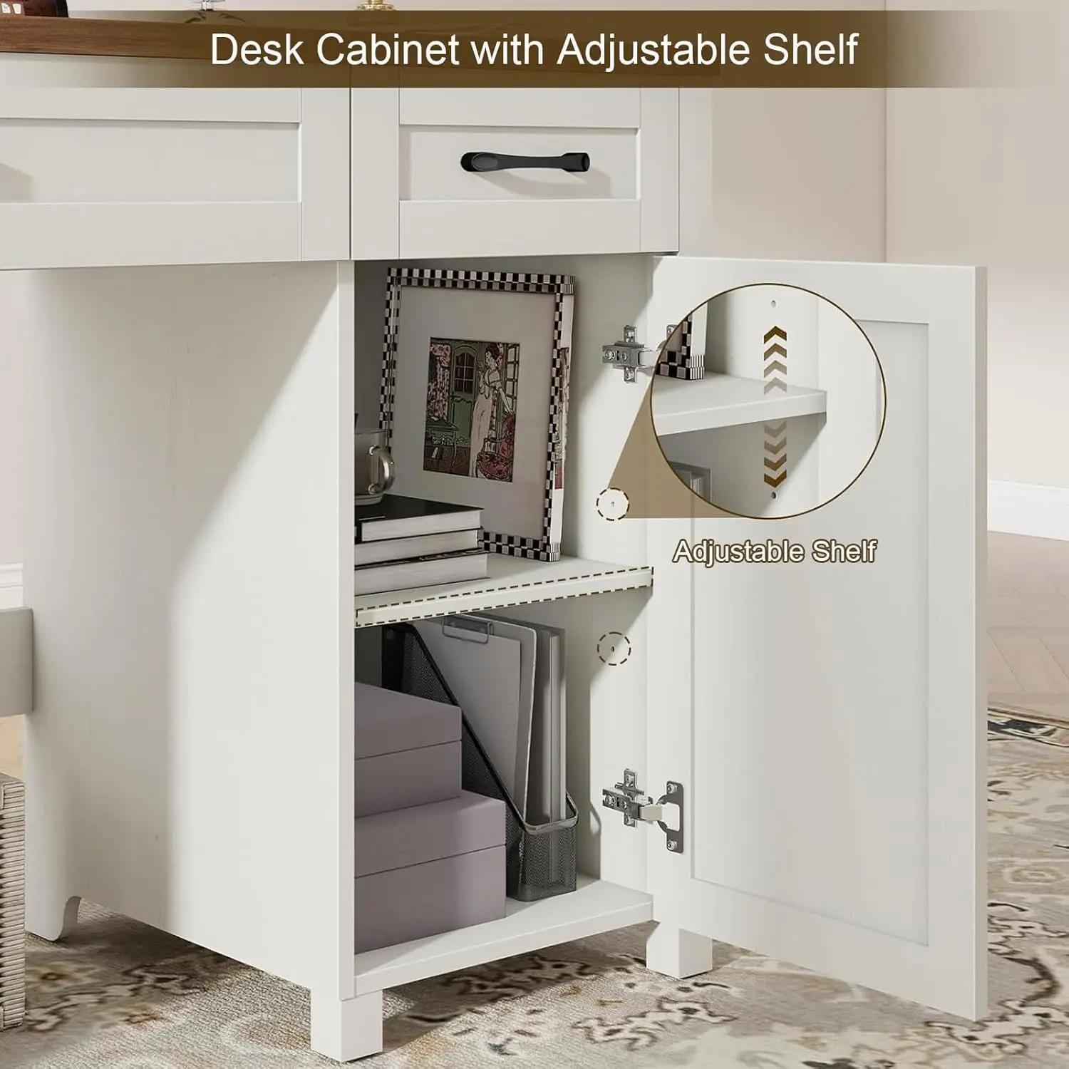 "مكتب تنفيذي Farmhouse 47، مكتب كمبيوتر أبيض مع أدراج وتخزين للمكتب المنزلي والدراسة" #5