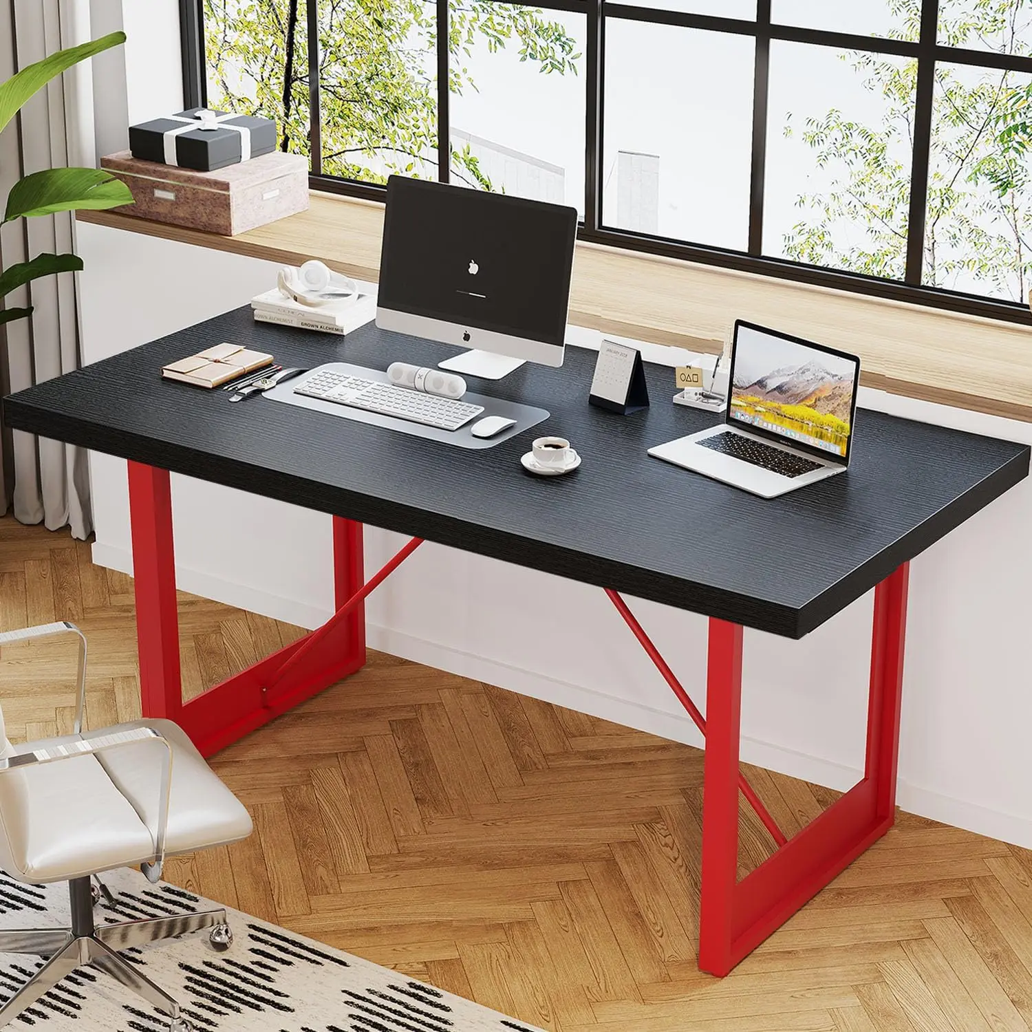 

Black Computer Desk, 55” Modern PC Gaming Writing Desk, Wood and Metal Computer Study Work Table with Red Leg,