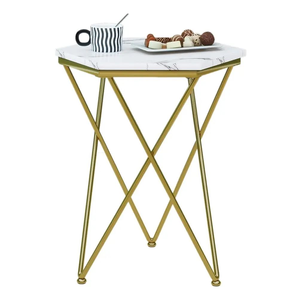 

Side Table, Modern Small End Table With Imitation Marble Panel, Sofa Tables With Gold Metal Legs, Coffee Accent Tables For