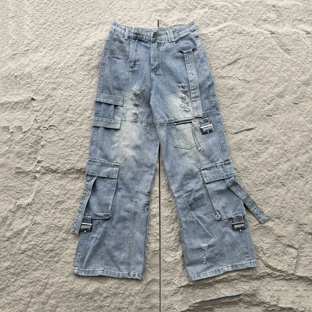 KUCLUT Fashion Niche Brand أفضل جودة بنطلون مستقيم فضفاض بسحاب ملابس الشارع الشهير جينز البضائع العتيق للرجال والنساء #1