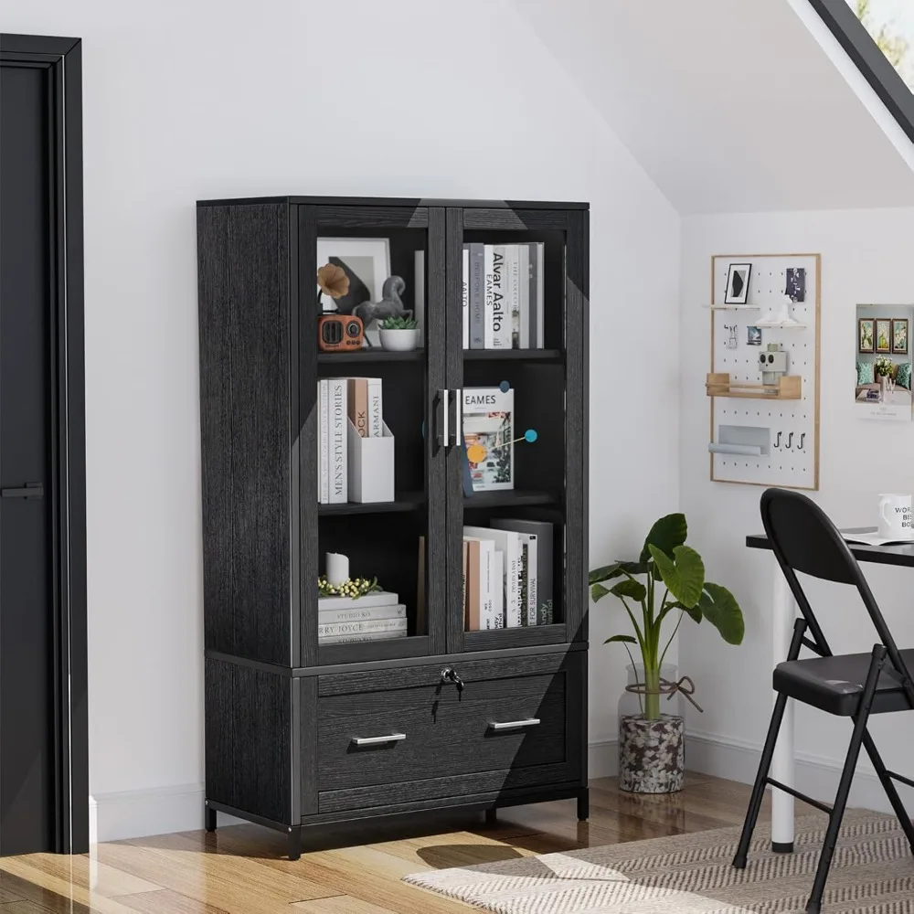 Lateral File Cabinet with Glass Doors and Locking Drawer for Hanging File Folders, Bookshelf with Adjustable Shelves for Home