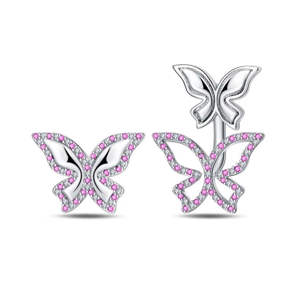 

Boutique 925 Sterling Silver Pink Double Butterfly Asymmetrical Earrings For Women's Proposal Jewelry Accessories