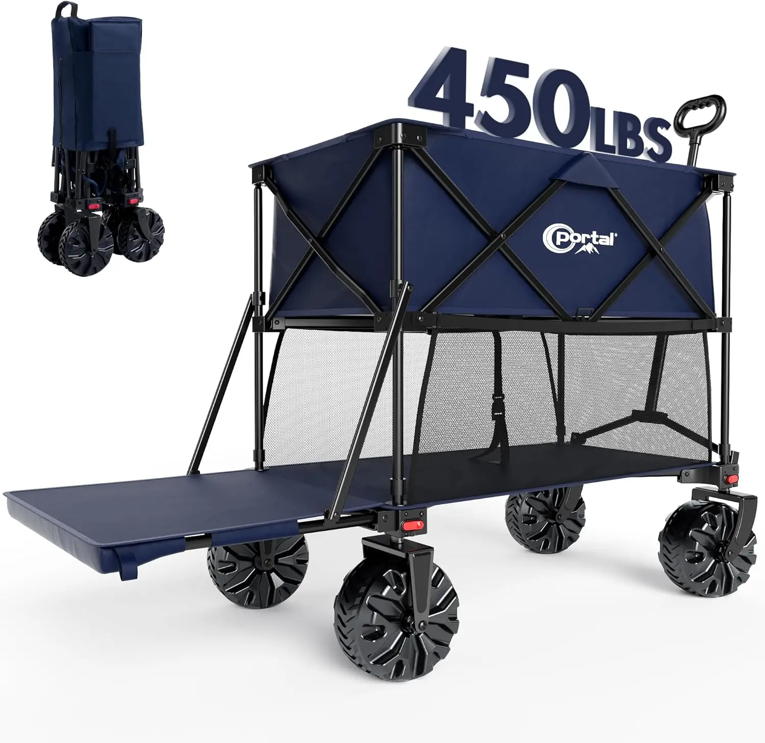 

Collapsible Double Wagon, Folding Wagon Cart with Tailgate, Beach Wagon with Big Wheels, 450LB Heavy Duty Foldable